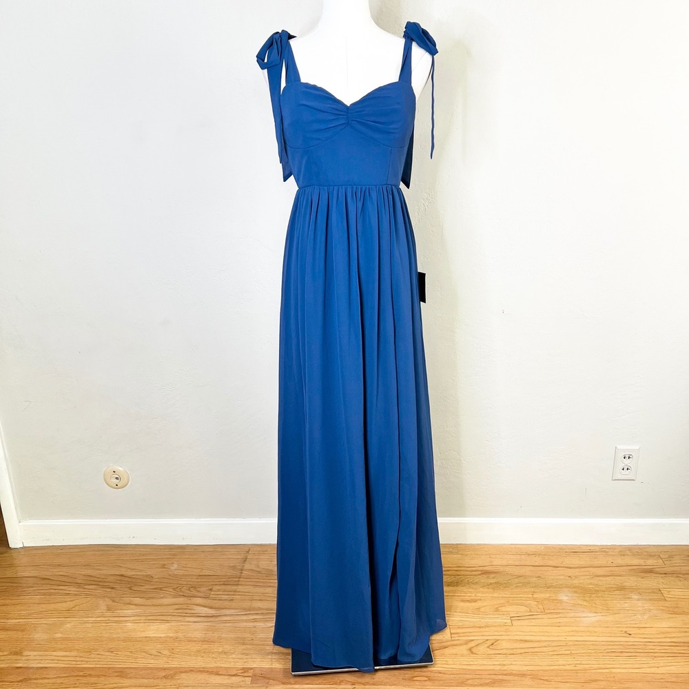 Lulus Dress Maxi Royal Blue Tie Strap Sweetheart Chiffon Gown Size Small NEW